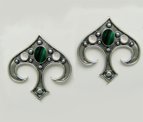 Sterling Silver Gothic Inspired Drop Dangle Earrings With Malachite And White Moonstone